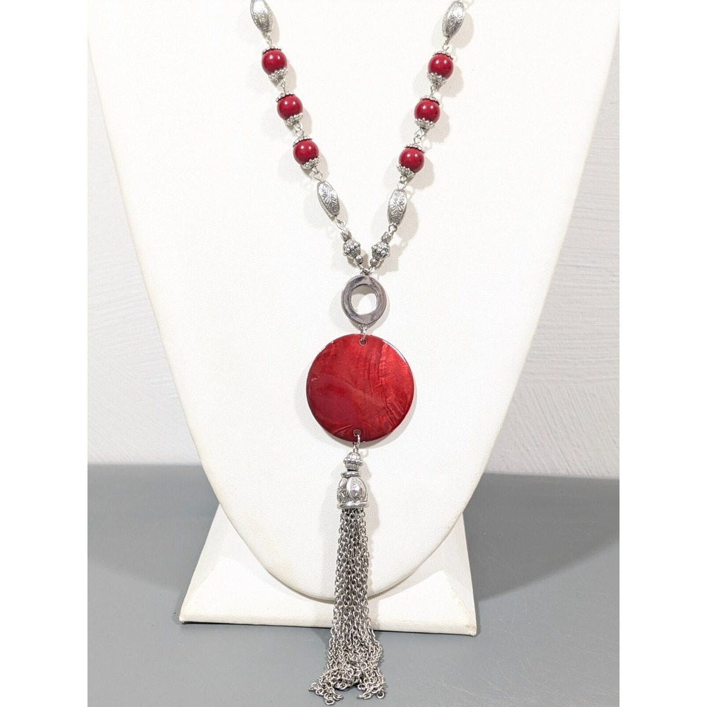 Ruby Rd Red Shell Disc Tassel Necklace Silver Tone Boho Western Long 34"